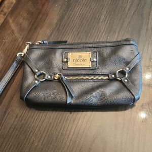 Nicole Miller Black Leather Bag with Gold Accents Wristlet Nwot